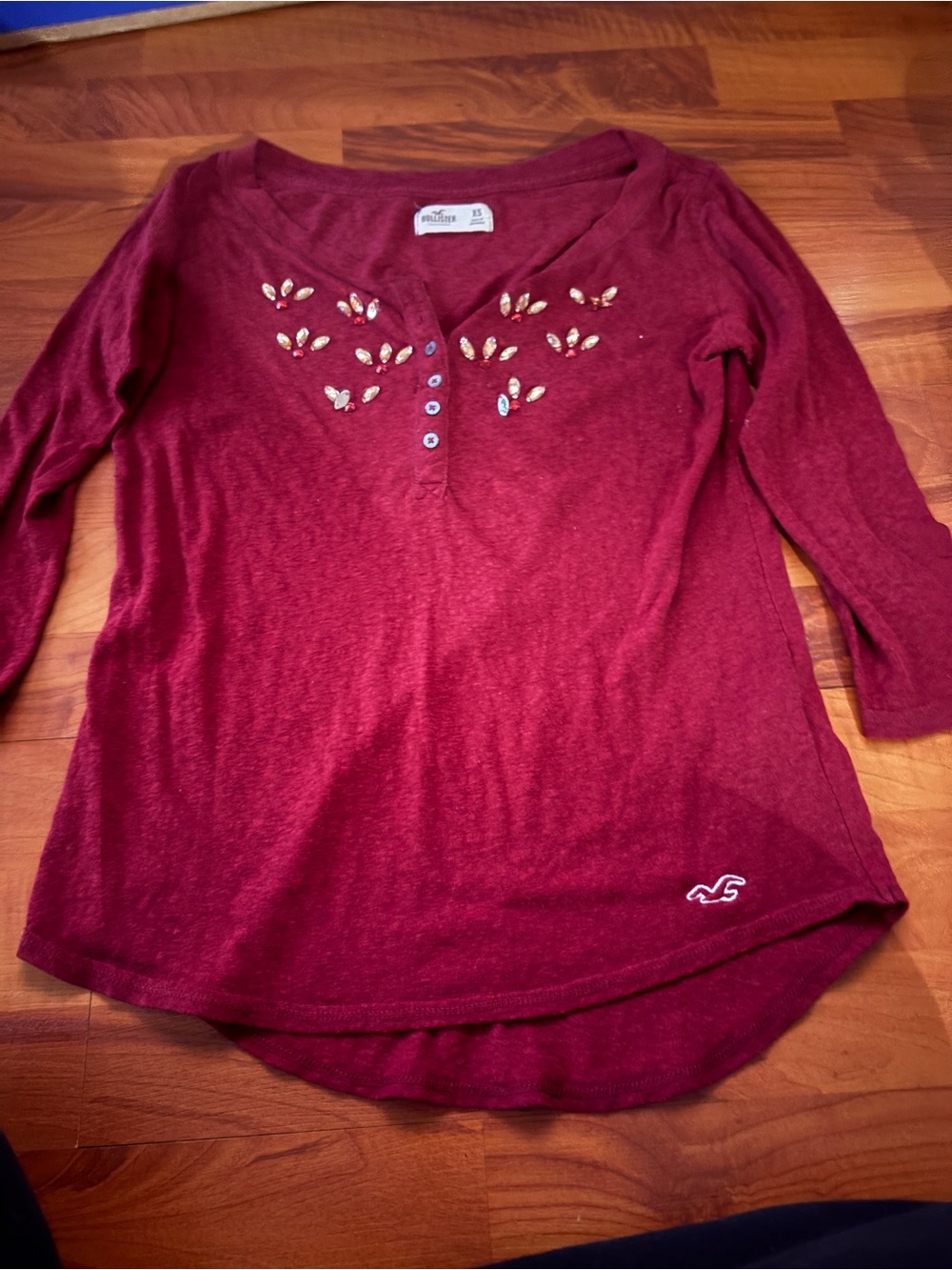 Vintage Y2K Hollister Women's Jewel-Embellished Wine Long Sleeve Henley